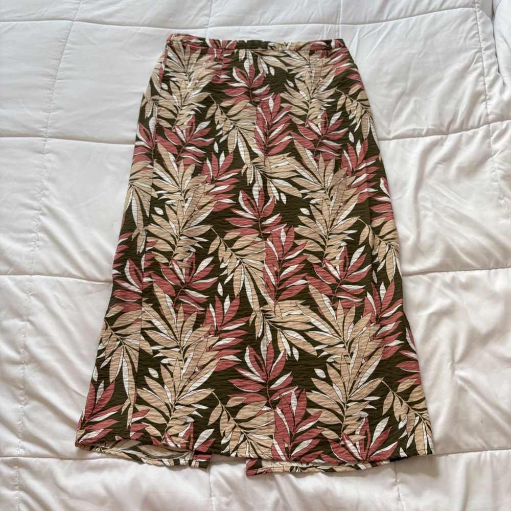 Liz Claiborne Midi Skirt Womens 8 Tropical Leaf Pink Green Beachy Vacation